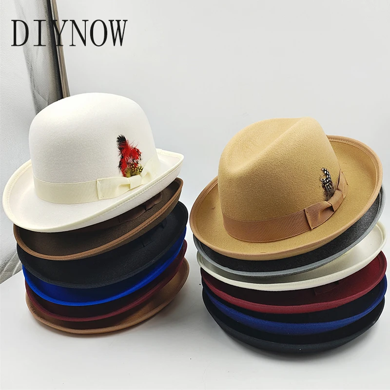 Top Trends: New High Quality Man Fedora Unisex Gentleman Round Top Cap Cosplay Feather Accessories Derby Bowler Hat British Shape Hat Shoppable Styles