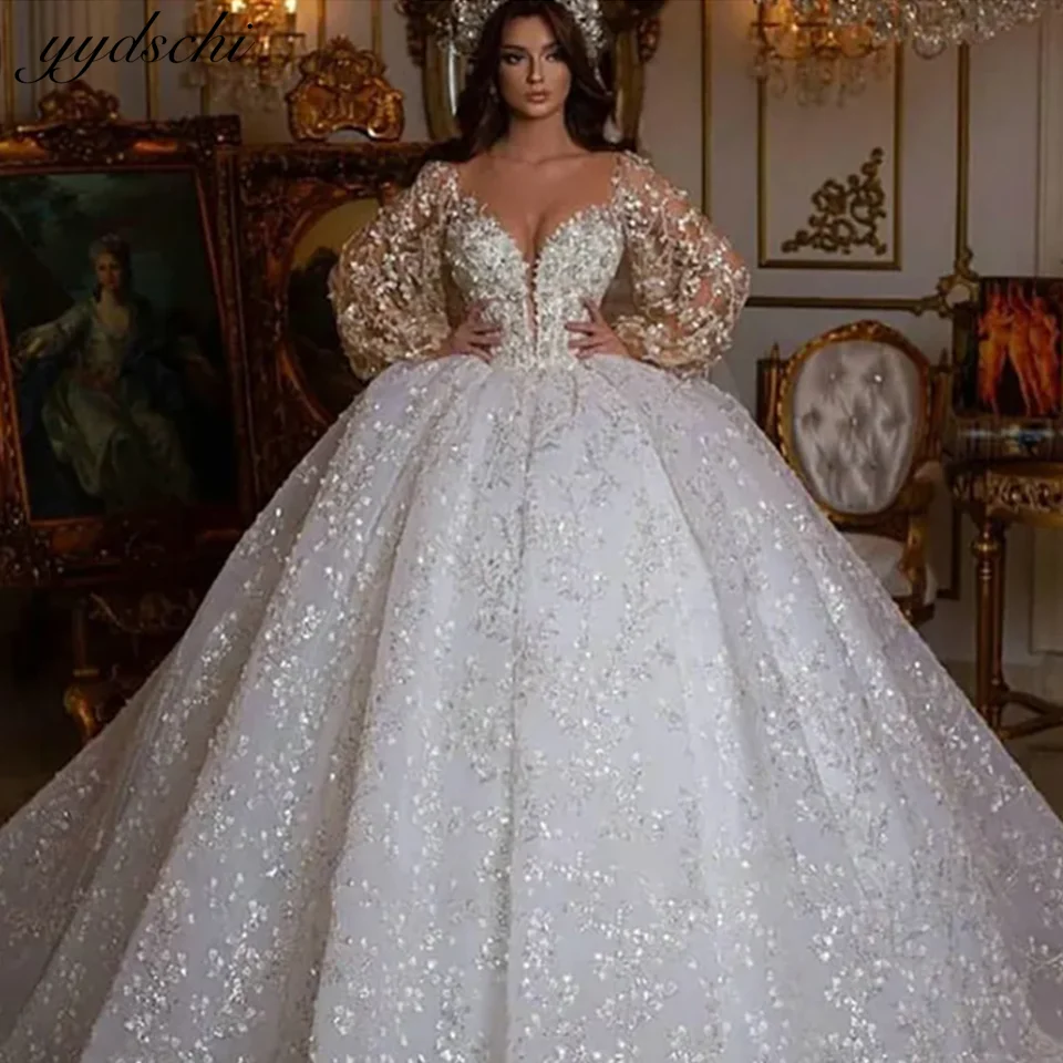 Top Trends: Luxury Illusion Floral Sequined Appliques Lace Backless Zipper O-neck Long Sleeve Ball Gown Bridal Wedding Dresses 2023 Sexy Shoppable Styles