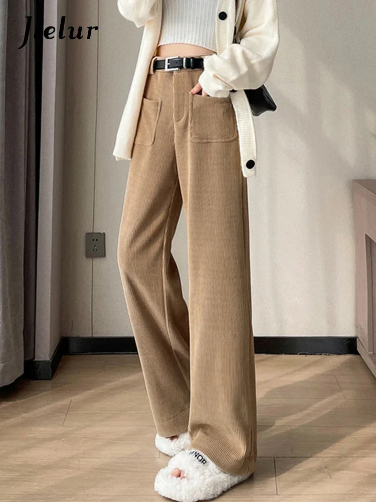 Top Trends: Jielur New Thick Straight Casual Slim Fashion Female Pants Office Ladies Simple Pockets Belt Zipper Loose Wide Leg Pants Black Shoppable Styles