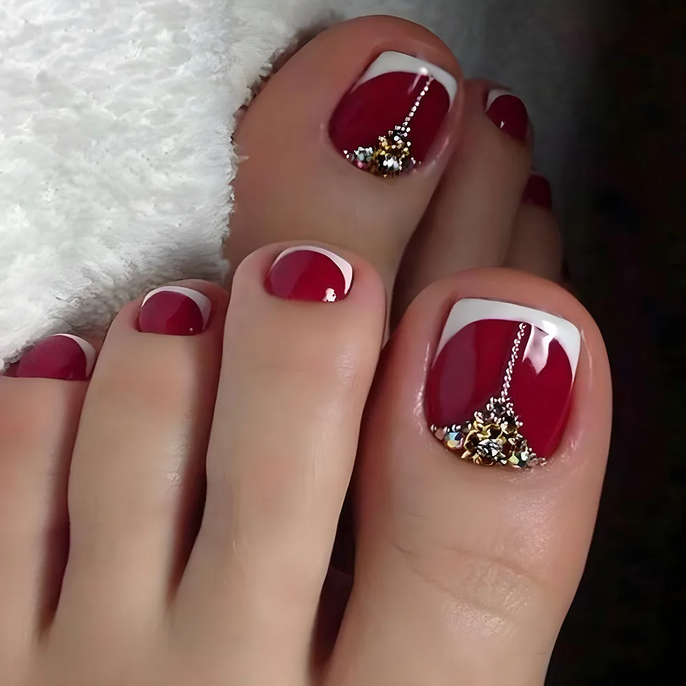 Top Trends: 24pcs Retro Red False Toenails With Gold Crystal Design French Full Cover Square Head Artificial Toe Nails Wearable Detachable Shoppable Styles