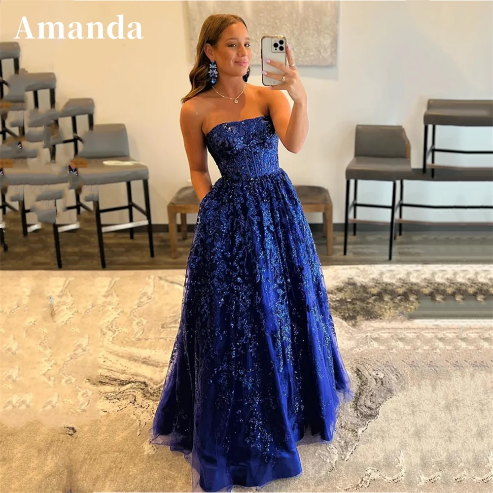 Top Trends: Amanda Shiny Lace Embroid فساتين مناسبة رسمية Sapphire Blue Prom Dress 2023 Gliiter Strapless A-line Vestidos De Noche Shoppable Styles