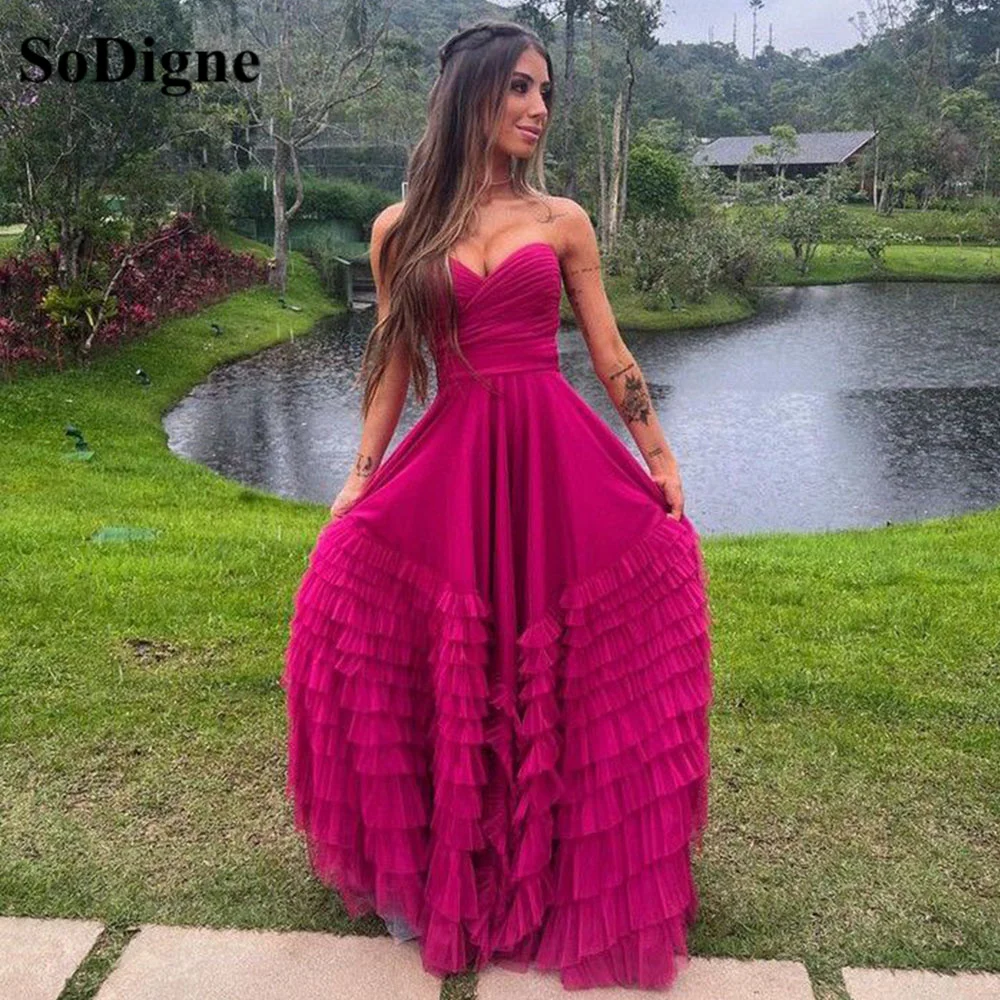 Top Trends: SoDigne Fuchsia Formal Dresses 2023 A Line Tiered Tulle Prom Dresses Layered Evening Gowns Pleat Women Wedding Party Dress Shoppable Styles