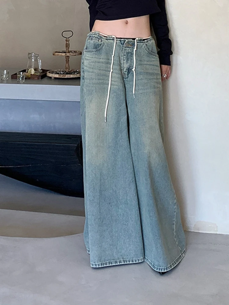 Top Trends: CHICEVER Patchwork Drawstring Chic Denim Pants For Women High Waist Minimalist Vintage Wide Leg Trousers Female Autumn Clothing Shoppable Styles - Image 2