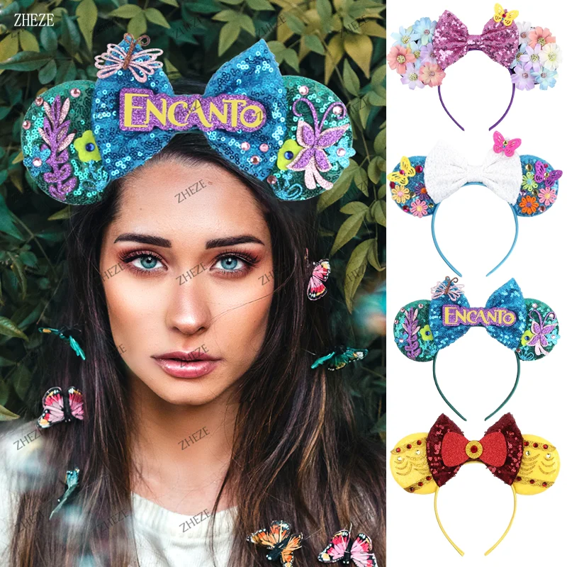 Top Trends: 2023 Chic Disney Encanto Mouse Ears Headband For Girls Sequins 5"Bow Hairband Children Festival Hair Accessories Shoppable Styles