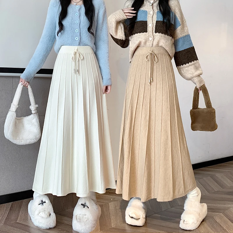 Top Trends: Slim Skirt Women&#039;s Autumn And Winter New High Waist Knitted A-line Skirt Large Swing Long Dress Lace Up Large Pleated Skirt Shoppable Styles