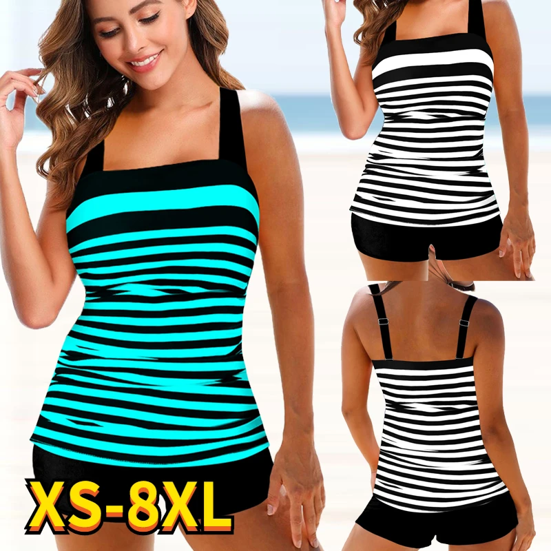 Top Trends: 2022 New Striped Printed Plus Size Swimwear Women High Waist Swimsuit Female Two Pieces Bathing Suit Tankini Swimsuits Beachwear Shoppable Styles