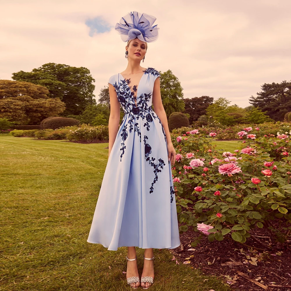 Top Trends: Elegant Blue Mother Of The Bride Dresses V Neck Cap Sleeves Wedding Party Gowns Appliques Ankle-Length A-Line 2024 فستان سهرة Shoppable Styles