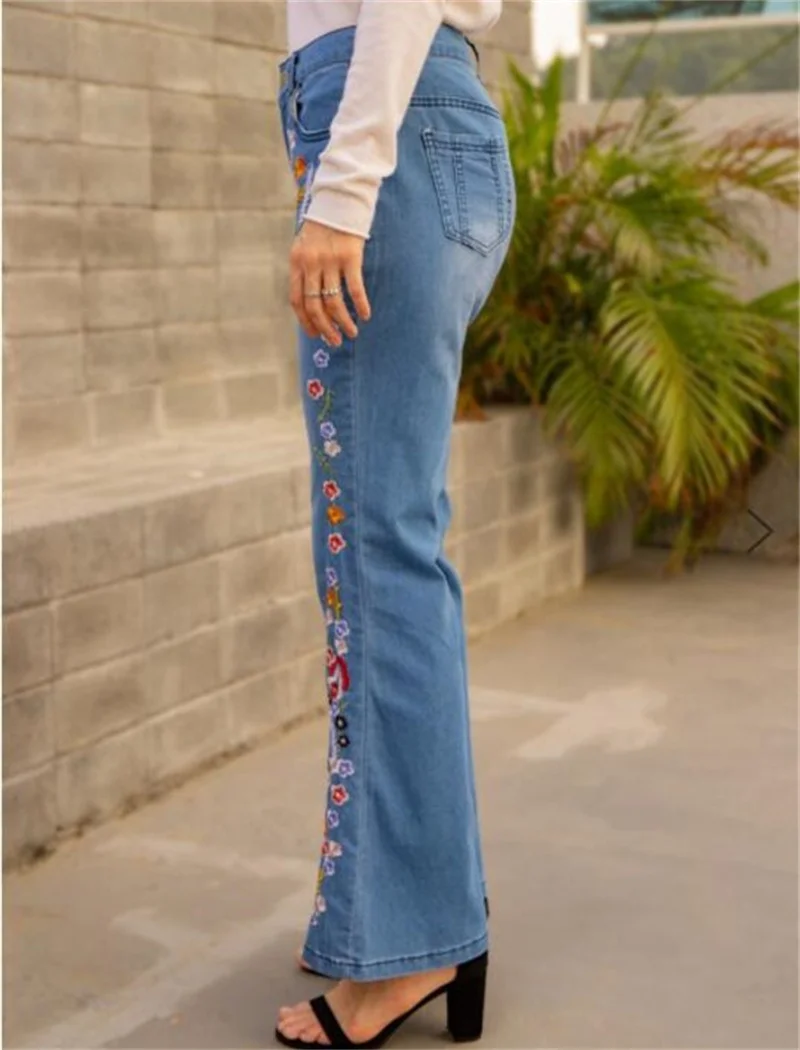 Top Trends: Elegant Embroidered Flowers Micro Flared Jeans Women's Intelligent Style Mid Waist Button Splicing Denim Pants Washable Trousers Shoppable Styles - Image 4