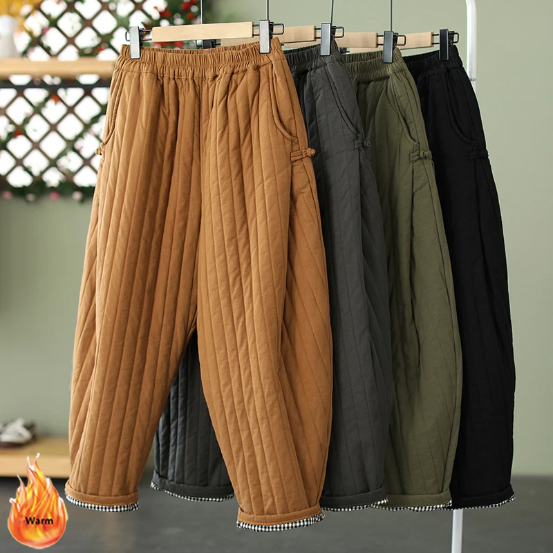 Top Trends: Thick Down Cotton Harem Pants Women Vintage Winter Baggy Trousers Windproof Oversized High Waist Ankle-Length Pants Plus Size Shoppable Styles