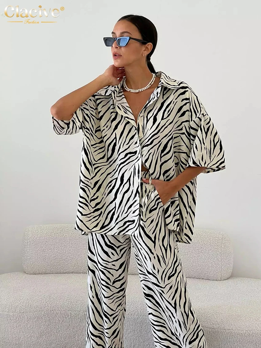 Top Trends: Clacive Summer Loose Zebra Print 2 Piece Sets Women Outfit 2023 Elegant Short Sleeve Shirts Matching High Waist Pants Set Female Shoppable Styles