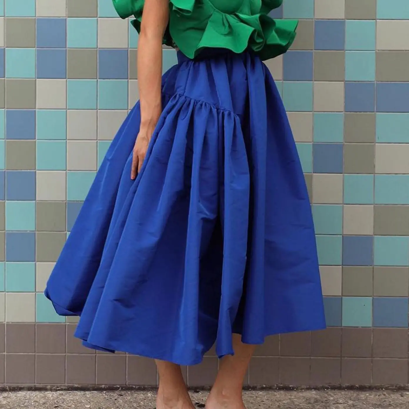 Top Trends: Royal Blue Serge Skirt Elastic High Waist Skirt Pleated Long Chic Skirt Ruffles A-Line Mid-Calf Skirt Couture Women's Skirt Shoppable Styles