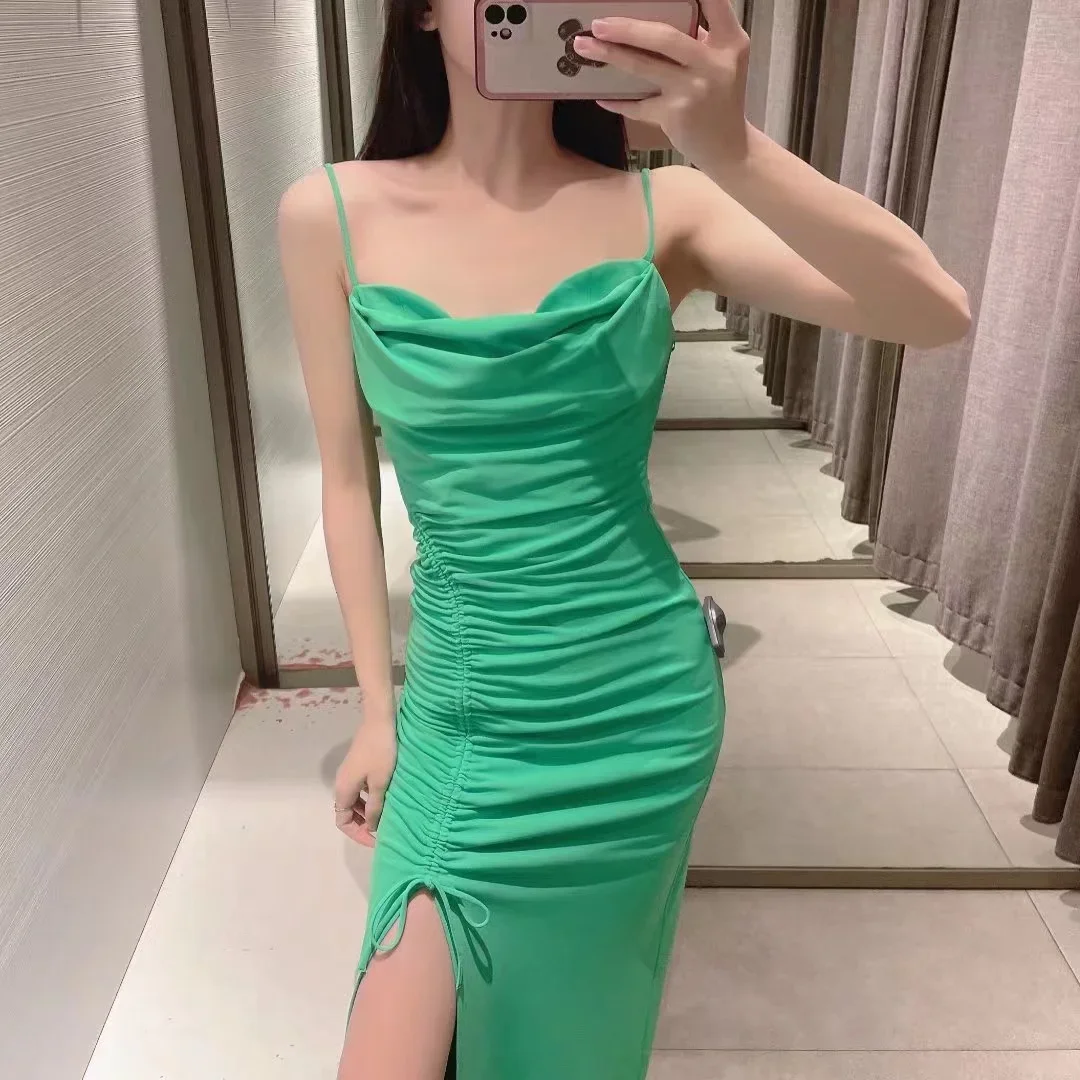 Top Trends: Woman Sexy Slip Dress Drawstring 2024 New Elegant Sleeveless Back Zipper Party Dress Female Fashion Shoppable Styles