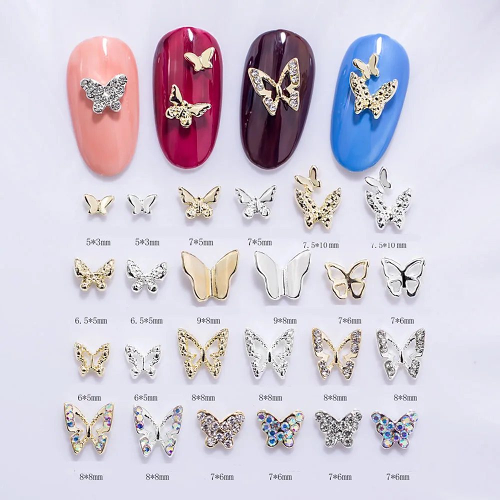 Top Trends: 10Pcs Mini Hollow Butterfly Nail Art Charms 3D Metal Silver / Gold Diamond Butterfly Nail Art Decoration DIY Nail Accessories Shoppable Styles