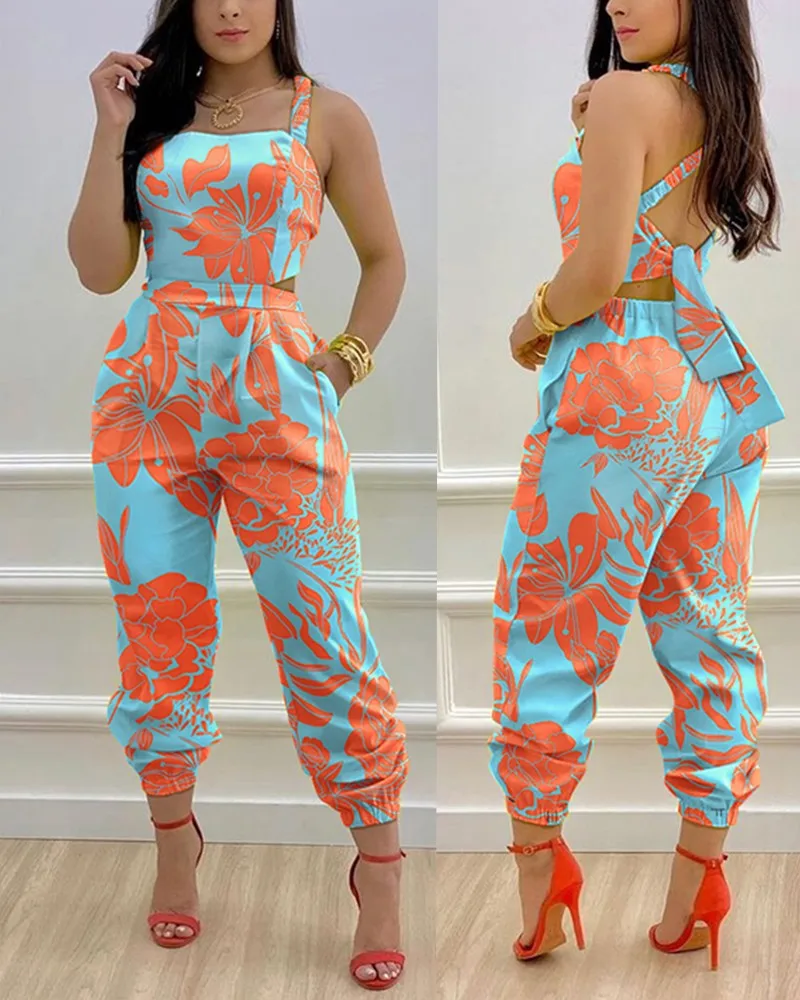 Top Trends: Vintage Printed High Waist Jumpsuit Women 2022 Summer New Sexy Sleeveless Suspender Backless Bow Jumpsuits Shoppable Styles