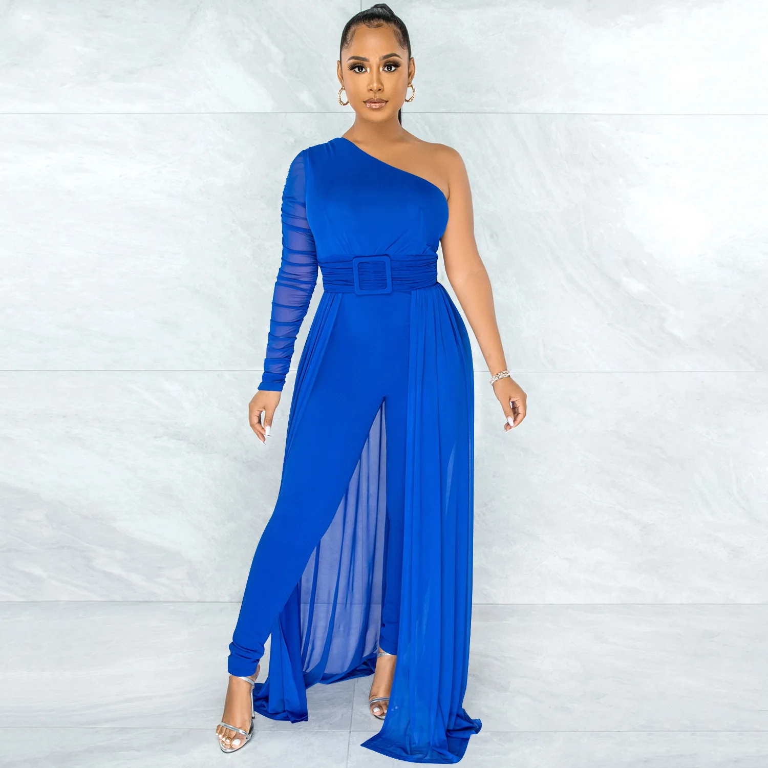 Top Trends: 2023 New Royal Blue Square Buckle Long Overlay Jumpsuit Single Shoulder Drape Details Overalls Party Outfits Sexy Clubwear Shoppable Styles