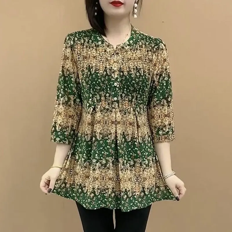 Top Trends: Vintage Printed Casual 3 / 4 Sleeve Blouse 2023 Spring Summer Commute Round Neck Button Female Clothing Stylish Loose Midi Shirt Shoppable Styles