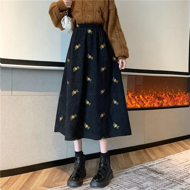 Top Trends: Vintage Corduroy Skirt Women Autumn Winter New Loose Embroidery Floral High Waist Long Skirts Female Shoppable Styles