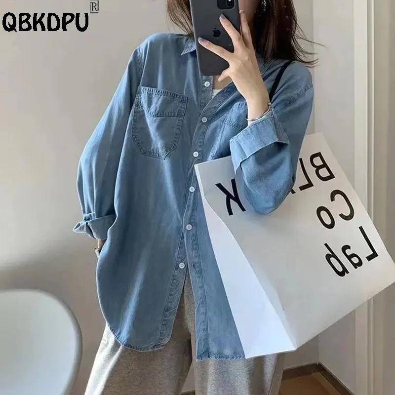 Top Trends: Spring Fashion Women Denim Blouse Basic Single Breasted Jean Shirts Pocket Long Sleeves Thin Blusas Mujer Lapel Cowboy Tops Shoppable Styles