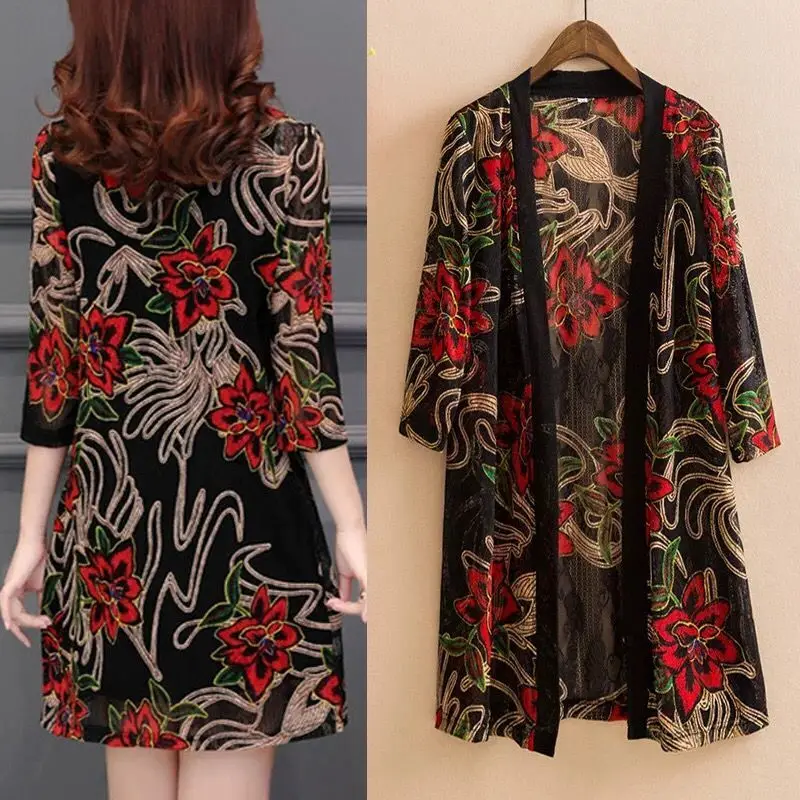 Top Trends: 2023 Summer Women&#039;s Lace Cardigan Printed Mid-length Shawl Thin Middle-aged Women Air-conditioned Shirt Jacket Y256 Shoppable Styles