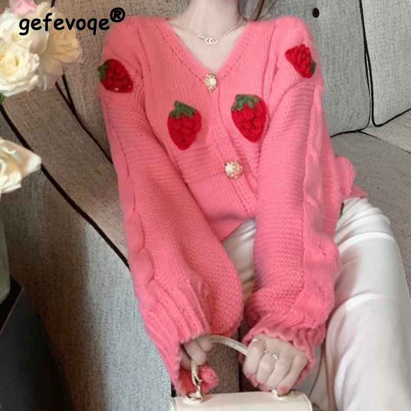 Top Trends: Women&#039;s Vintage Strawberry Jacquard Chic Sweet Kawaii Buton Knitted Cardigan Autumn Winter Trendy Long Sleeve Loose Sweater Coat Shoppable Styles