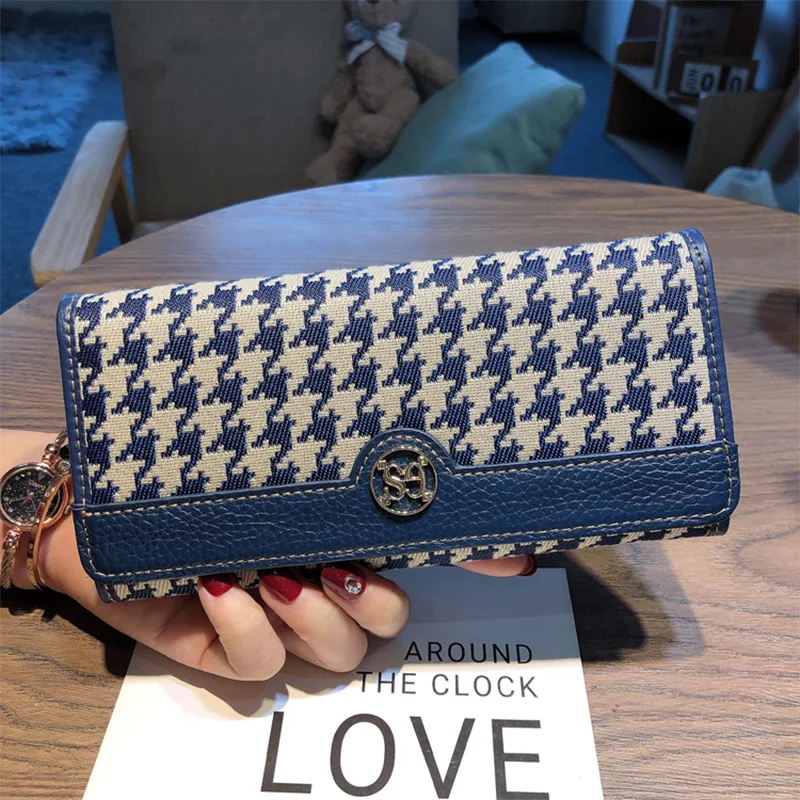 Top Trends: 2023 Houndstooth Embroidery Long Wallet Women Genuine Leather Purses Original Brand Logo Cowhide Billfold High Capacity Clutches Shoppable Styles