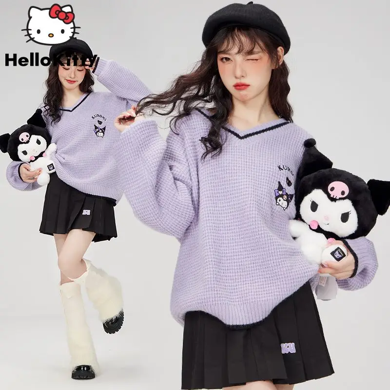 Top Trends: Sanrio Kuromi Kawaii Women&#039;s Sweater Mardi Embroidered Knit Women Sweater Navy Collar Women&#039;s Clothing Loose College Cute Sweet Shoppable Styles