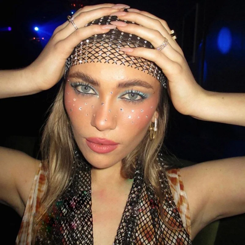 Top Trends: Y2K Fashion Shiny Rhinestone See Through Fishnet Celebrity Headscarf Hollow Out Glitter Head Top Nightclub Party Shoppable Styles - Image 2