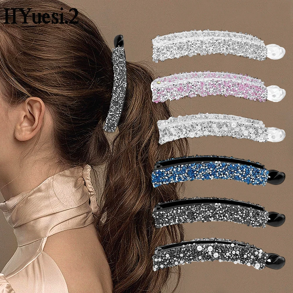 Top Trends: Fashion Full Rhinestones Banana Hair Clip Elegant Acrylic Strong Holder Pearl Hairpin Barrettes Women Party Headress Shoppable Styles