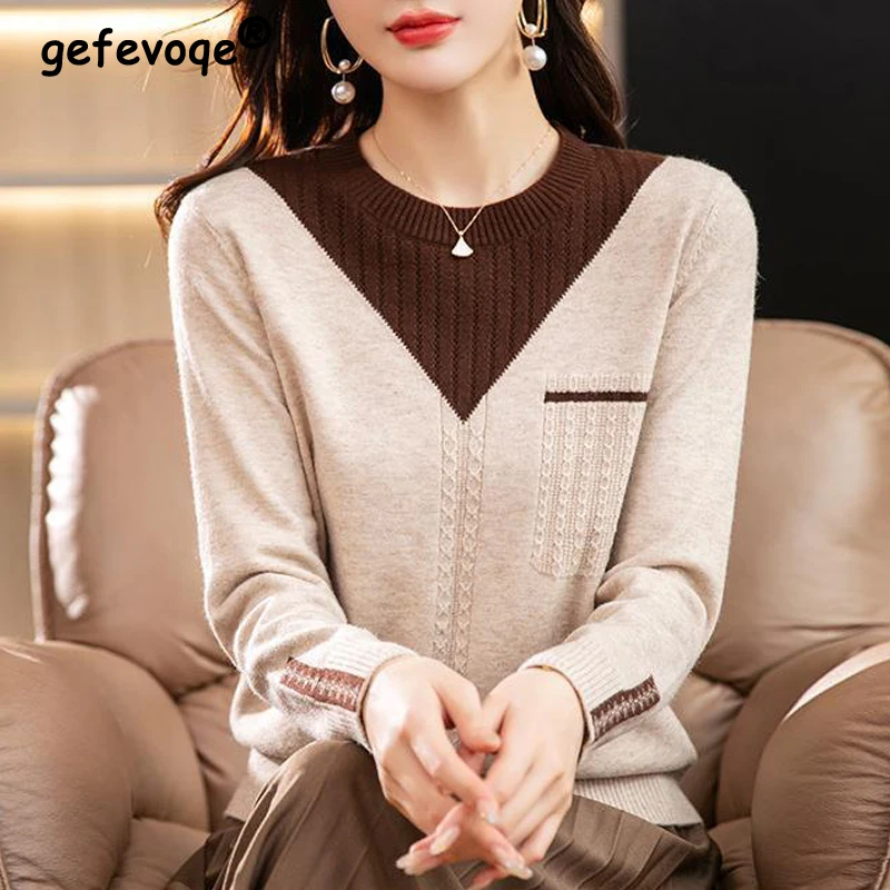 Top Trends: Women Clothing 2023 Autumn Winter Fashion Elegant Patchwork Knitted Sweater Female O Neck Long Sleeve Pullover Tops Slim Jumpers Shoppable Styles