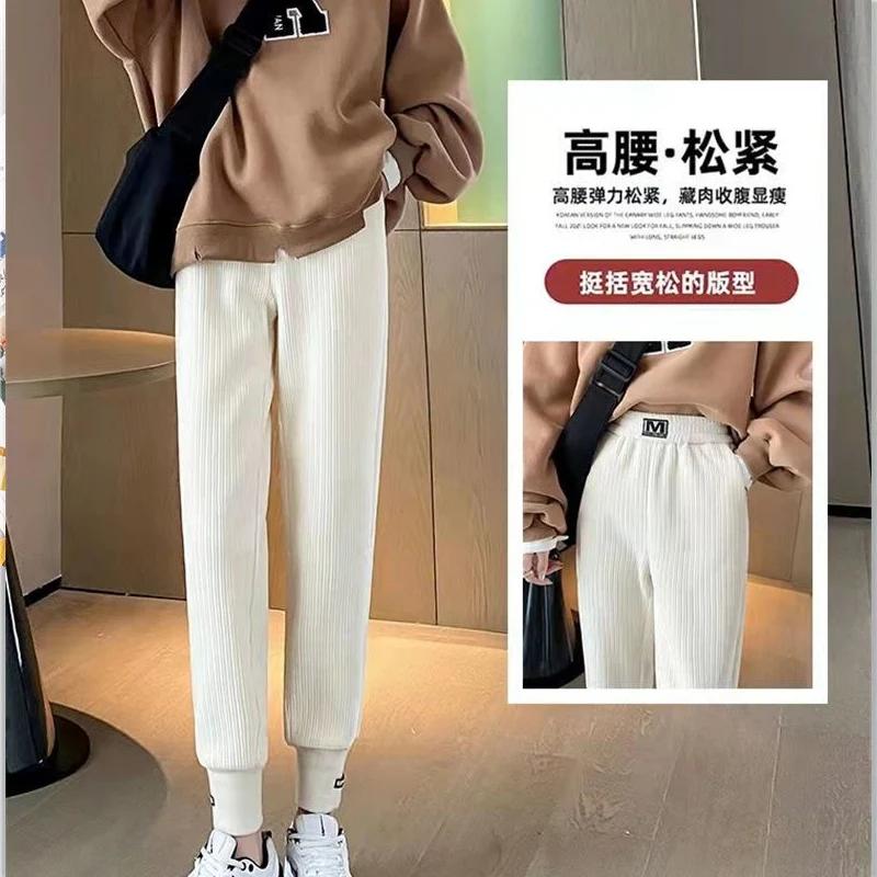 Top Trends: Autumn Winter Solid Color Fashion Elastic Waist Haren Pants Women High Street Casual Pockets Plus Velvet Warm High Waist Trouser Shoppable Styles