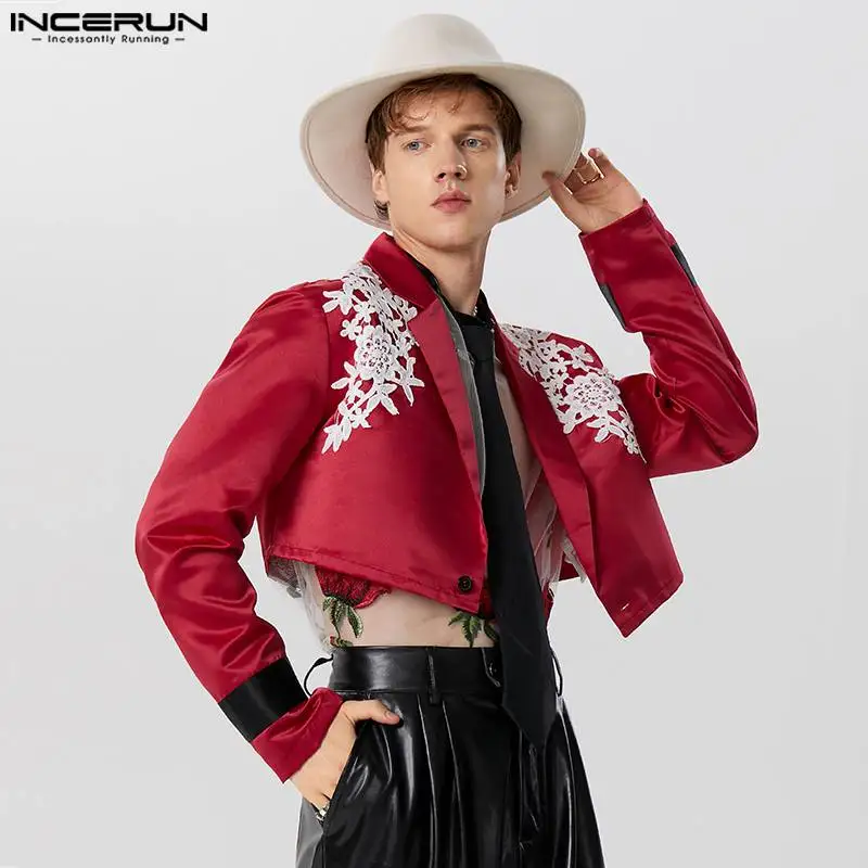 Top Trends: INCERUN Tops 2023 American Style Casual New Men Splicing Lace Decorative Flower Blazer Stylish Cropped Long Sleeved Suit Jackets Shoppable Styles