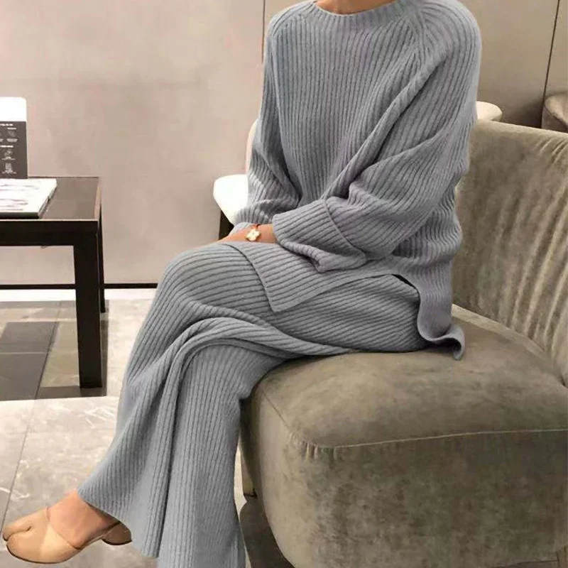 Top Trends: Women Loose Knit Sweater Suit Solid Color O Neck Pullover Wide Leg Pants Suit Autumn Winter 2 Pieces Set Homewear Shoppable Styles