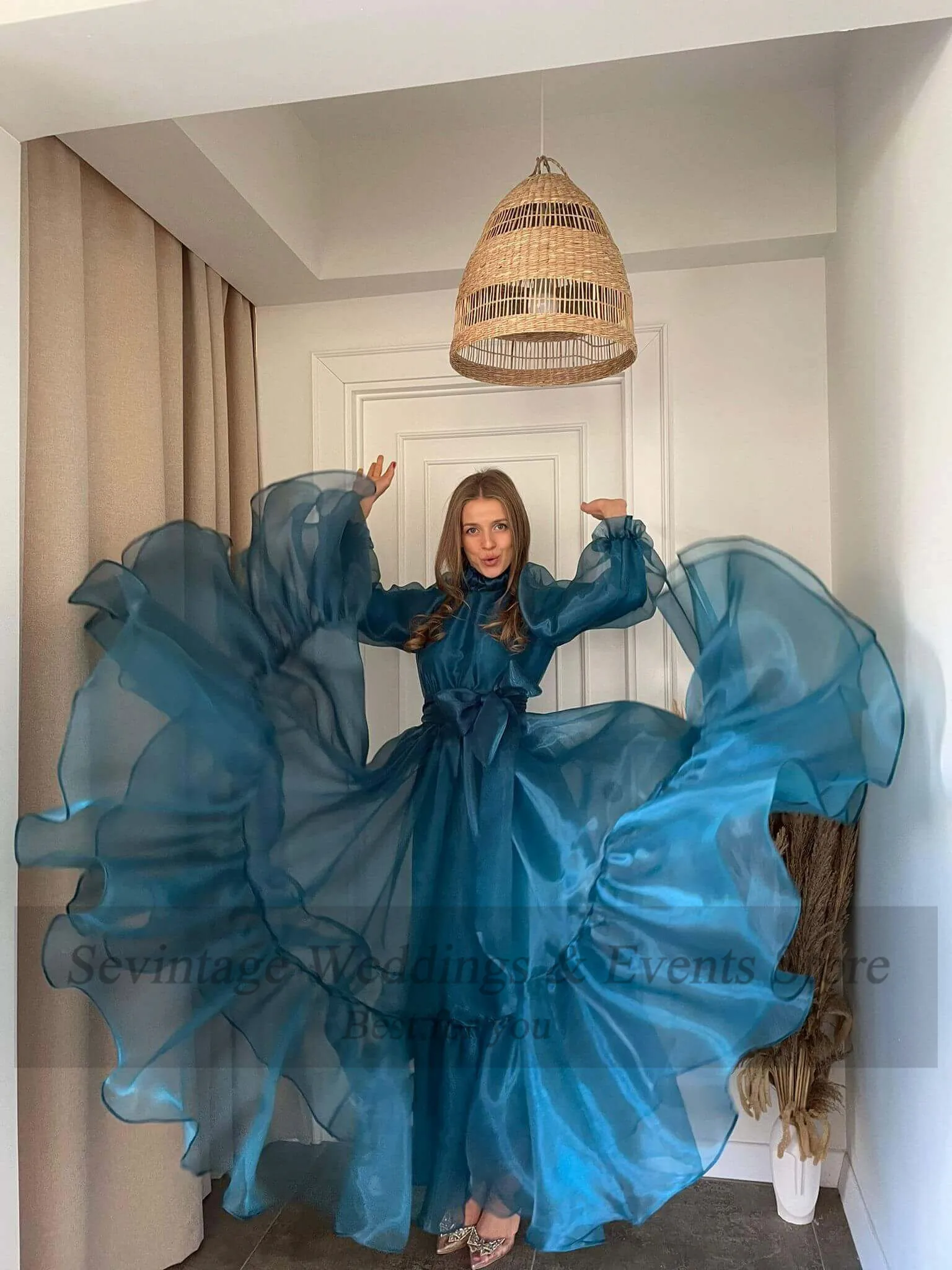 Top Trends: Sevintage Teal Blue Organza Prom Dresses Puff Lined Long Sleeves Wedding Party Dress High Neck Ankle Length Women Evening Gowns Shoppable Styles - Image 3