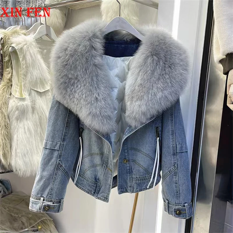 Top Trends: 2023 Hot Sales New Fashion Denim Goose Down Big White Fox Fur Collar Detachable Goose Down Filling Lnner Lining High End Jacket Shoppable Styles