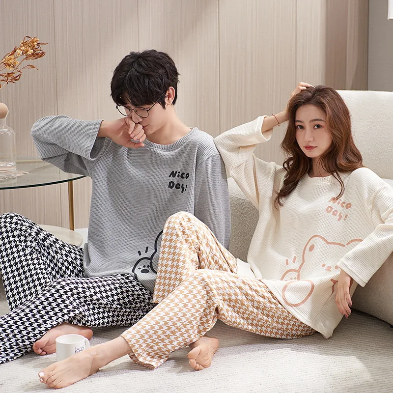 Top Trends: Couple Long Sleeves Sleepwear Autumn Winter Cotton Pajama Sets Print Pants Homewear Kawaii Clothes 2 Piece Sets Nightwear Lovers Shoppable Styles