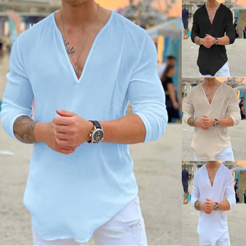 Top Trends: Spring And Autumn 100% Cotton Hot Sale Men's Long-Sleeved Shirts Solid Color V-Neck Casual Style Plus Size Shoppable Styles