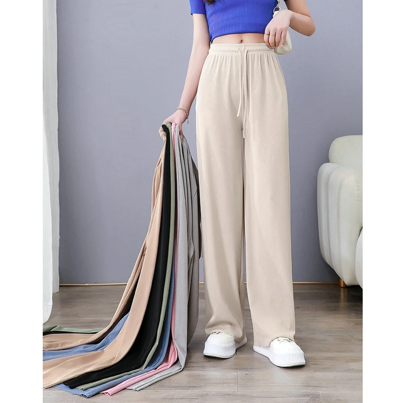 Top Trends: New Ice Silk Wide-Leg Pants Women Cool Sweatpants Thin Pleat Loose Straight Office Lady Casual Drawstring Long Trousers Shoppable Styles