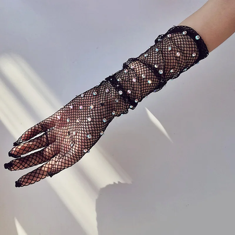 Top Trends: New Women Sexy Elastic Rhinestones Mesh Full Finger Gloves Flash Diamond Fishing Net Punk Nightclub Stage Performance Long Glove Shoppable Styles - Image 2