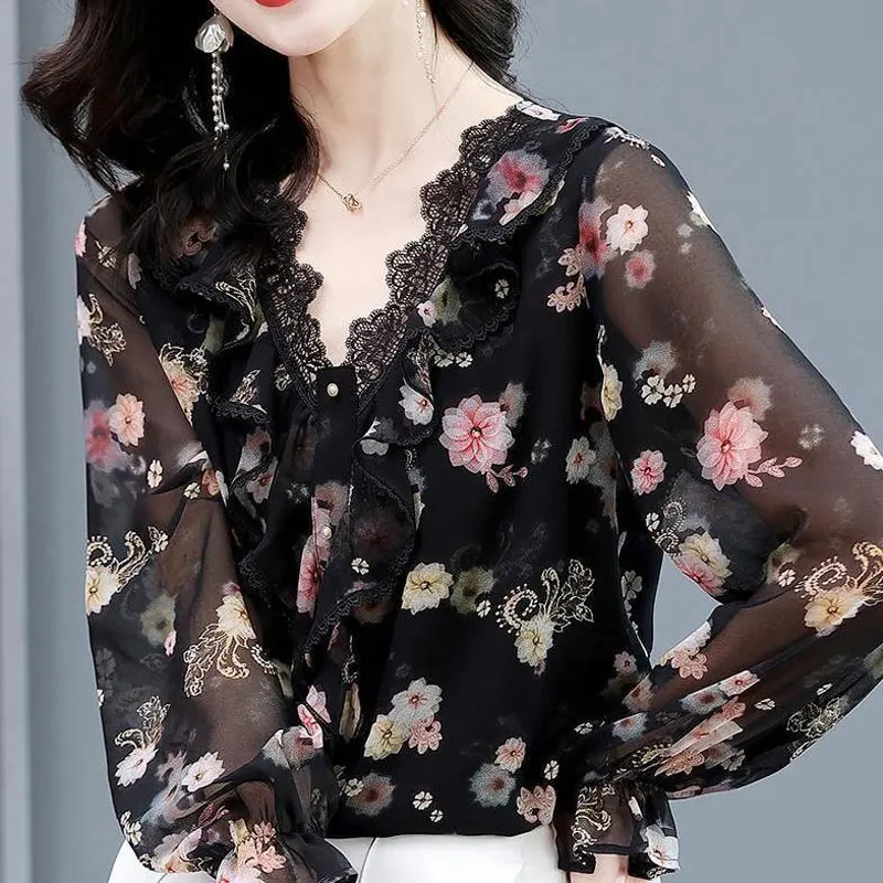 Top Trends: Spring Summer New Elegant V-Neck Lace Spliced Blouse Vintage Female Clothing Fashion Floral Printed Casual Ruffles Chiffon Shirt Shoppable Styles