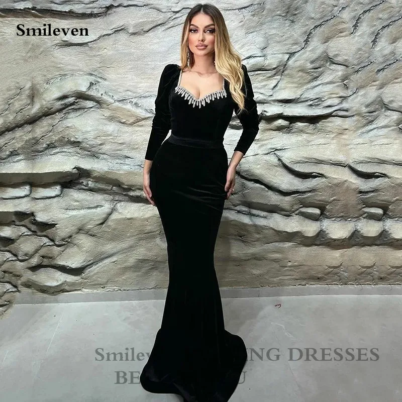 Top Trends: Smileven Black Velvet Mermaid Evening Dress Long Sleeve Sweetheart Neck Prom Gowns Robe De Soirée Formal Evening Party Gown Shoppable Styles