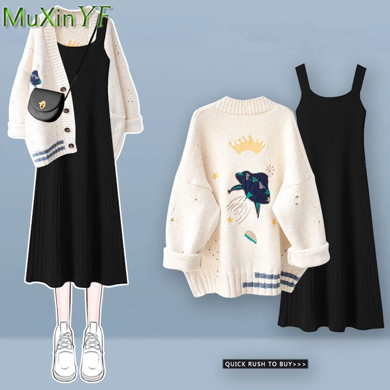 Top Trends: Women Spring Autumn Loose Sweater Cardigan Korean Fashion Cute Cartoon Knit Coats Sleevelss Dress Two Piece Set 2023 New Outfits Shoppable Styles