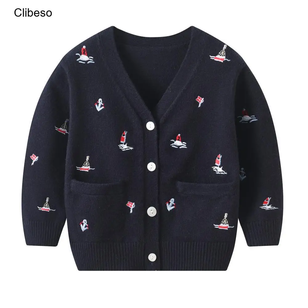 Top Trends: 2024 Kids Boy Knit Cardigan For Autumn Winter Children Boys Sailboat Embroidery V-neck Knitted Sweater Infants Warm Knitwear Shoppable Styles