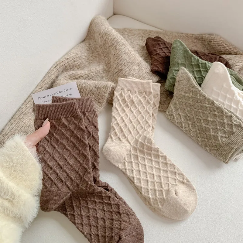 Top Trends: 1 Pair New Arrival Thick Winter Warm Cashmere Women Socks Solid Color Plaid Women Socks Casual Kawaii Wool Socks Snow Boots Sock Shoppable Styles