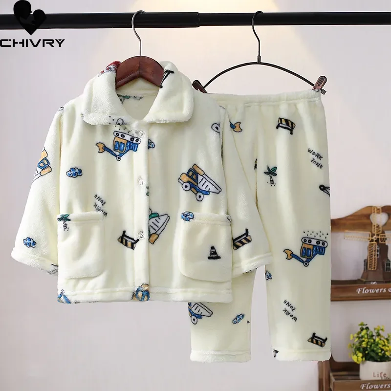 Top Trends: New Kids Boys Girls Autumn Winter Soft Flannel Pajamas Sets Cartoon Long Sleeve Lapel Tops With Pants Pyjamas Sleepwear Clothing Shoppable Styles