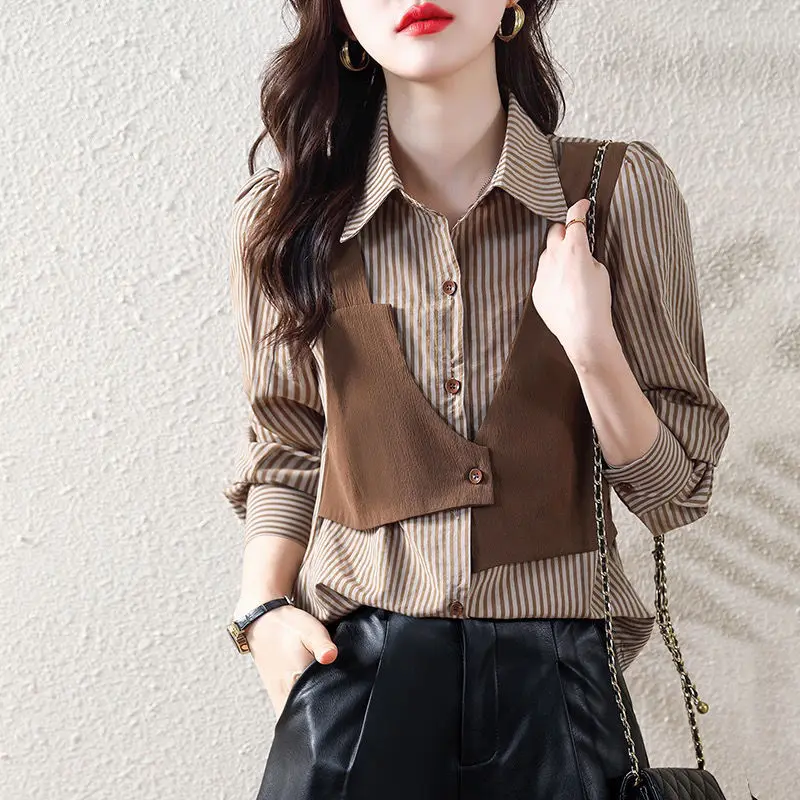 Top Trends: Stylish Lapel Button Spliced Striped Fake Two Pieces Shirt Women's Clothing 2022 Autumn New Casual Tops Irregular Blouse Shoppable Styles