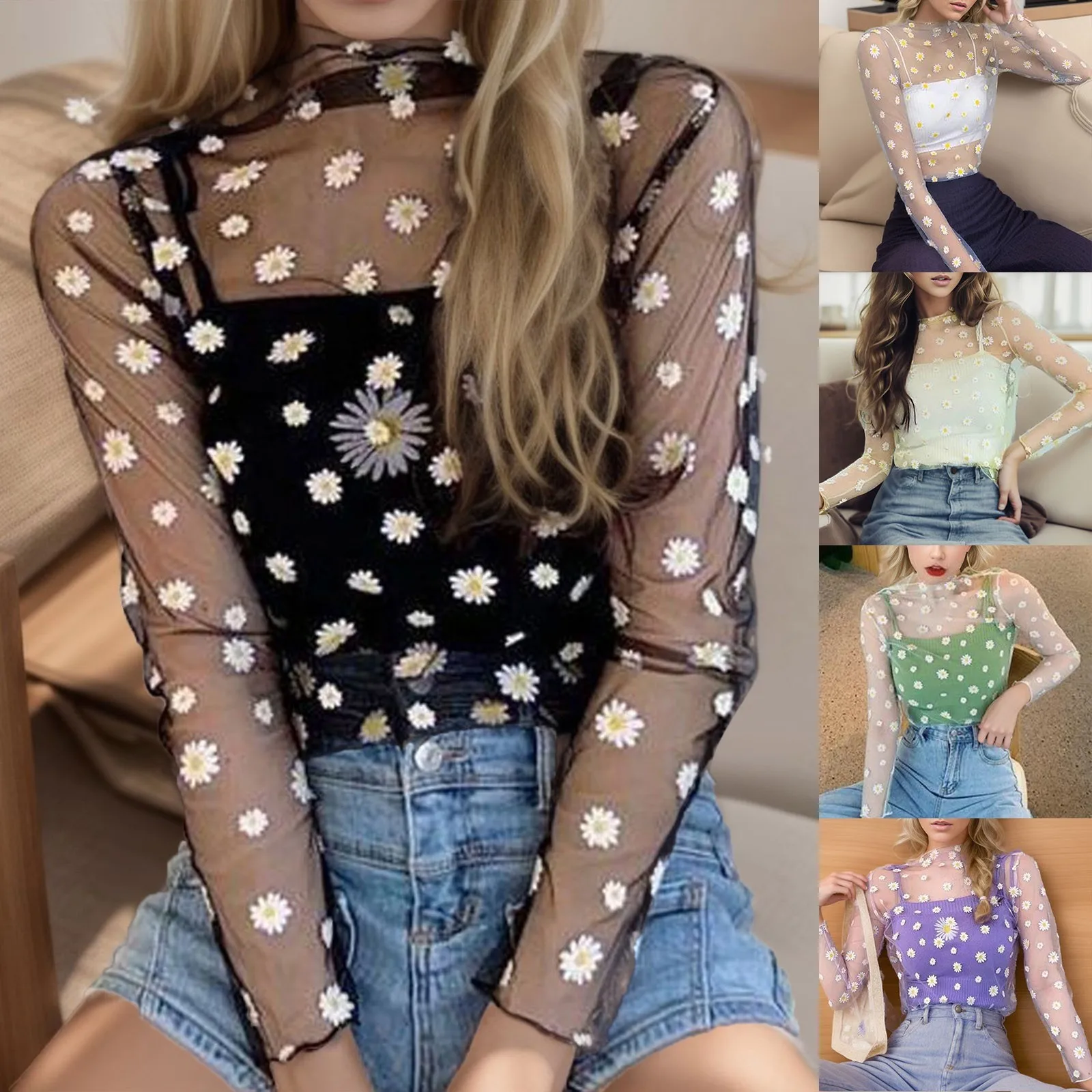 Top Trends: Daisy Print Perspective Blouse Shirt Elegant Sexy Mesh Sunscreen Tops Casual Autumn Ladies Female Long Sleeve Women Blusa Пиджак Shoppable Styles