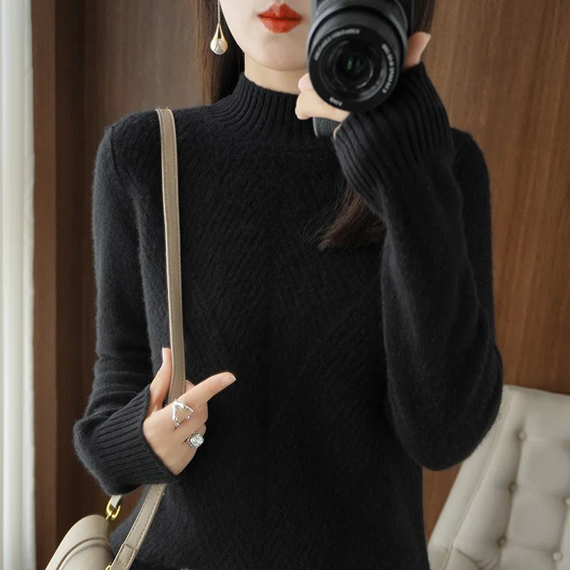 Top Trends: Autumn And Winter Half Turtleneck Loose Solid Color Pullover Sweater Thickened Cashmere Sweater Women's Knitted Bottoming Tops Shoppable Styles - Image 4