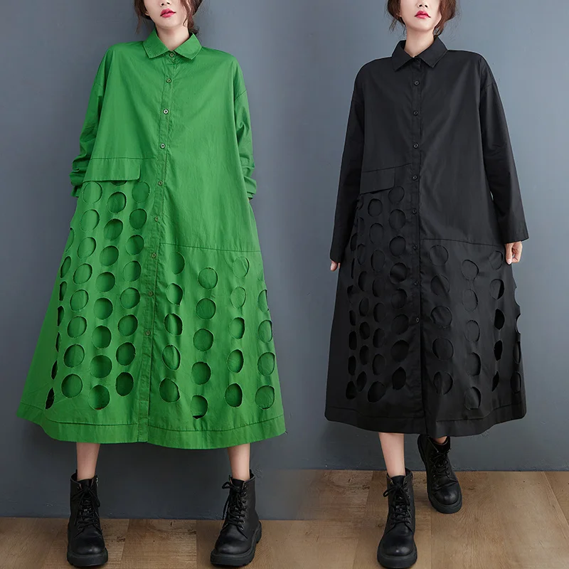 Top Trends: #3204 Black Green Long Shirt Dress Woomen Loose Turn-down Collar Button Front Shirt Dress Long Sleeve Loose Irregular Dresses Shoppable Styles