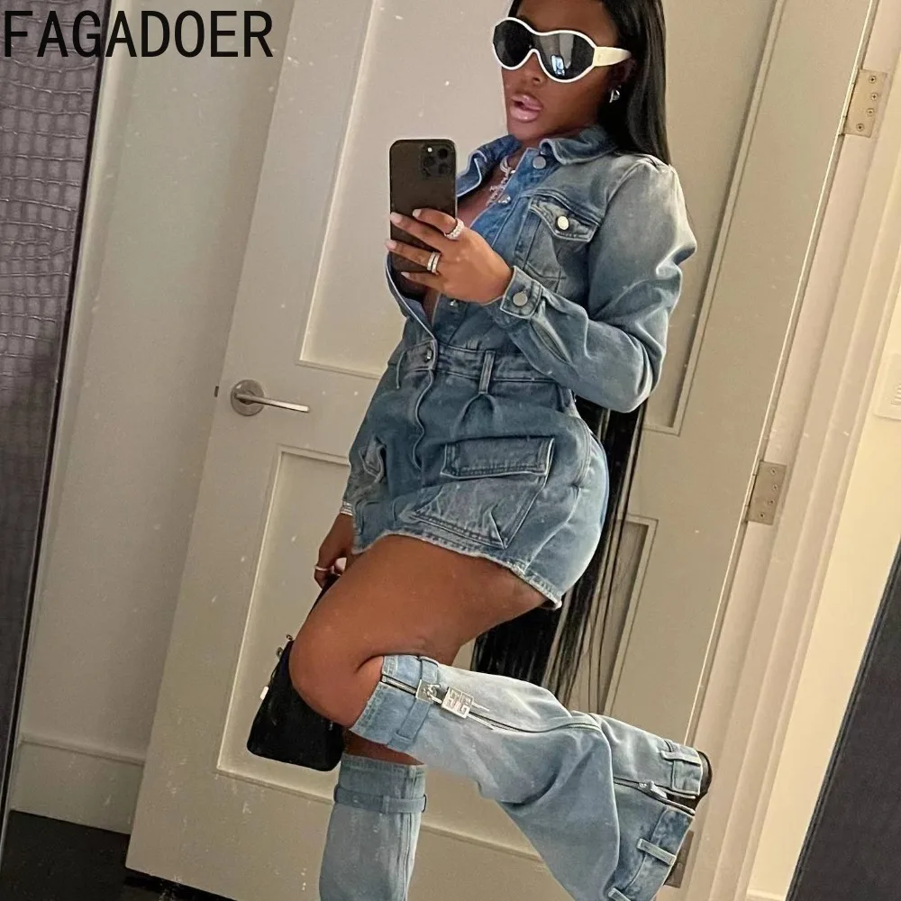 Top Trends: FAGADOER Fashion Button Long Sleeve Denim Mini Dress Women Turndown Collar Pocket With Leg Cover Clothing Female Cowboy Vestidos Shoppable Styles