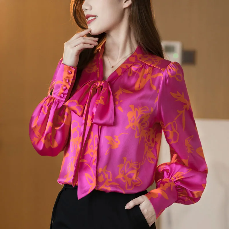 Top Trends: Sweet V-Neck Lace Up Bow Printed Lantern Sleeve Shirt Women&#039;s Clothing 2023 Autumn New Oversized Casual Tops Office Lady Blouse Shoppable Styles